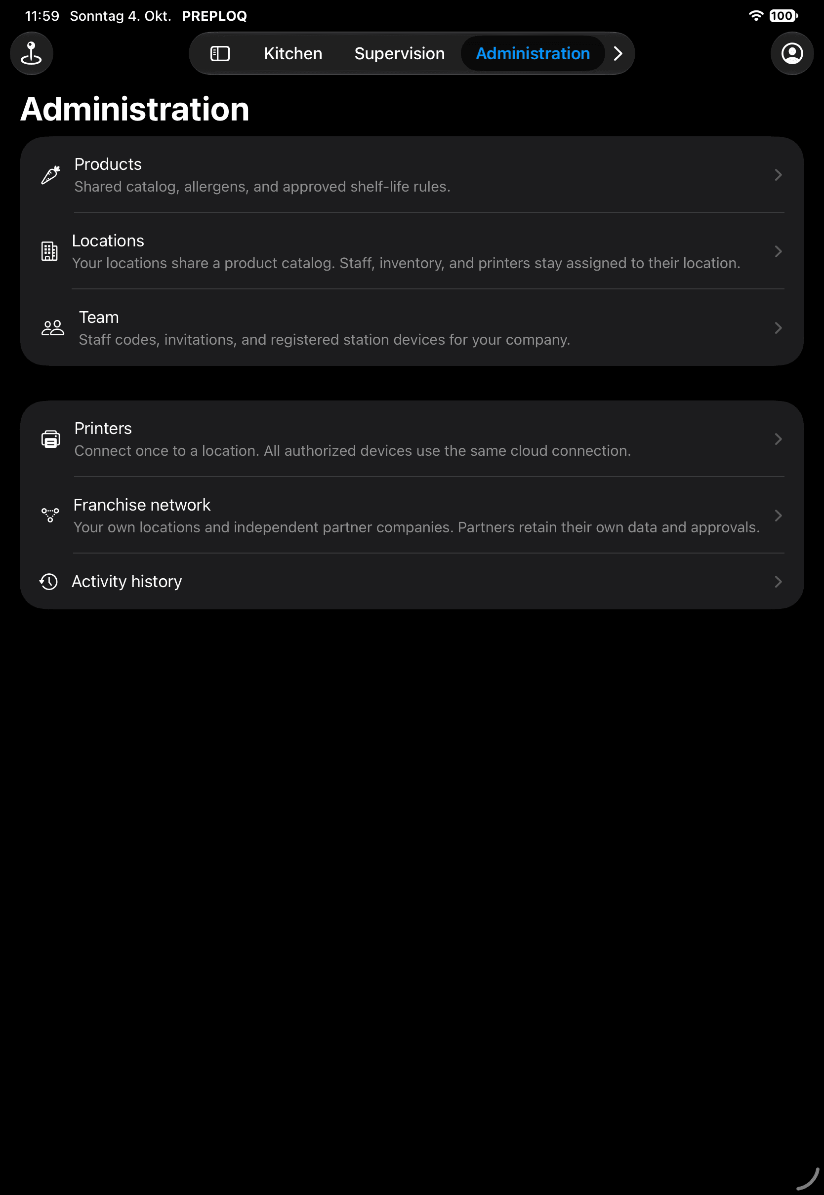Screenshot of the native PREPLOQ app on iPad: administration of products, sites, team, printers, franchise and activity history. English, dark appearance.