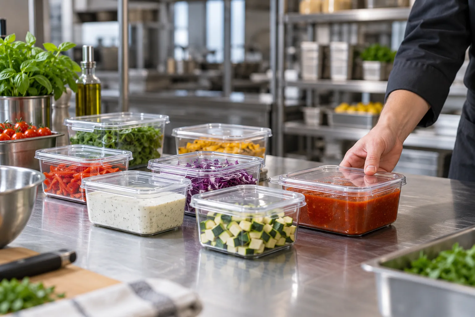 Illustrative scene: prepared ingredients in closed containers on a professional kitchen worktop.